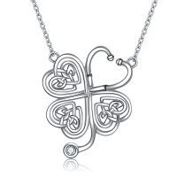 wholesale 925 Sterling Silver Celtic Knot Clover Stethoscope Pendant Necklaces for Nurses Gifts- Rhodium Plated
