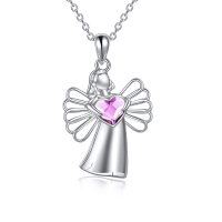 wholesale 925 Sterling Silver Pink Heart Metal Crystal Angel Pendant Necklace for Girl's Baptism Gift- Rhodium Plated
