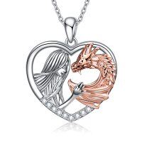 wholesale 925 Sterling Silver Heart Angel & Rose Gold Dragon Pendant Necklace for Girls Women Teens s- Rhodium And Rose Gold Plated