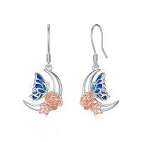 wholesale 925 Sterling Silver Moon & Flower Drop Earrings with Blue Enamel Butterfly Design - Gifts for Her- Rhodium And Rose Gold Plated