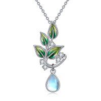 wholesale 925 Sterling Silver Green Leaf & Opal Teardrop Pendant Necklace - Nature Lovers' Gift for Women and Girls- Rhodium Plated