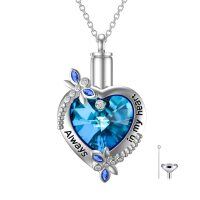 wholesale 925 Sterling Silver Blue Crystal Rhodium-Plated Dragonfly Heart Keepsake Cremation Jewelry Urn Pendant Necklace with Funnel and Fill Tool- Rhodium Plated