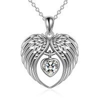 wholesale 925 Sterling Silver Heart-Shaped CZ Angel Wing Pendant Necklace - Christmas Gifts for Her- Silver Plated