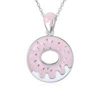 wholesale 925 Sterling Silver Pink Enamel Doughnut Pendant Necklace for Women's Gifts- Silver Plated