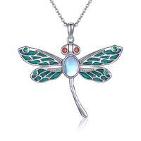 wholesale 925 Sterling Silver Dragonfly Pendant with Enamel Wings and Moonstone Centerpiece for Women's Jewelry- Silver Plated