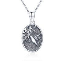 wholesale 925 Sterling Silver Oval Hummingbird Pendant Necklace with Flower Design- Oxidized/Oxidised