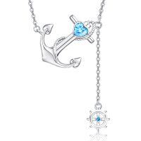 wholesale 925 Sterling Silver Anchor & Helm Blue CZ Charm Ladies' Necklace- Silver Plated