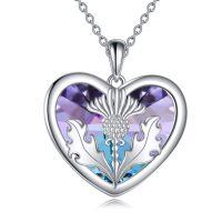 wholesale 925 Sterling Silver Heart-Shaped Thistle Flower Purple Blue Crystal Pendant Necklace  for Women Girls- Silver Plated