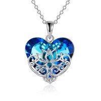 wholesale 925 Sterling Silver Blue CZ Heart Pendant Necklace with Lotus Design for Women and Girls Yoga Gifts- Rhodium Plated
