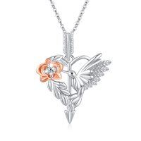 wholesale 925 Sterling Silver CZ Hummingbird & Flower Pendant Necklace for Women Girls Gifts- Rhodium And Rose Gold Plated