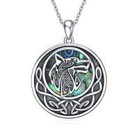 wholesale 925 Sterling Silver Round Celtic Knot Abalone Shell Wolf Head Pendant Necklace Norse Viking s for Men & Women- Oxidized/Oxidised