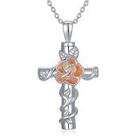 wholesale 925 Sterling Silver Orange Rose Cross Cremation Keepsake Pendant Necklace- Rhodium And Rose Gold Plated