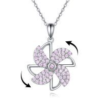 wholesale 925 Sterling Silver Metal Pink Zircon Flower Shape Pendant Necklace with Chain for Women s- Rhodium Plated