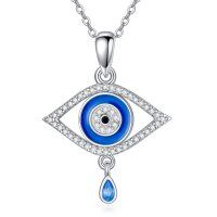wholesale 925 Sterling Silver Blue Crystal Evil Eye Good Luck Charm Necklace for Women Girls Gifts- Rhodium Plated