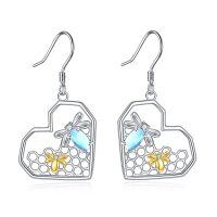 wholesale 925 Sterling Silver Blue Moonstone & CZ Heart-Shaped Honeycomb Bee Drop Earrings - Gifts for Her- Rhodium And Gold Plated
