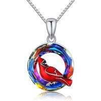 wholesale 925 Sterling Silver Round Crystal Cardinal Pendant Necklace - Red Bird Charm Memory Gift for Her- Silver Plated