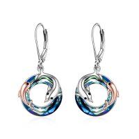 wholesale 925 Sterling Silver Blue Crystal Double Dolphins Drop Earrings for Women Girls Mom Gift- Rhodium And Rose Gold Plated