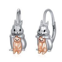 wholesale 925 Sterling Silver Bunny and Kitten Leverback Earrings - Cute Animal s for Her- Rhodium And Rose Gold Plated