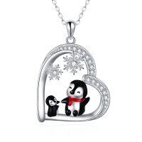 wholesale 925 Sterling Silver Penguin Snowflake Heart Pendant Necklace for Mother & Daughter- Rhodium Plated