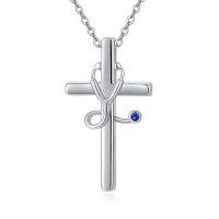 wholesale 925 Sterling Silver Cross Stethoscope Pendant Necklace with Blue Stone - Nursing Gifts for Nurses and Doctors- Silver Plated