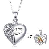 wholesale 925 Sterling Silver Photo Frame Heart Pendant Necklaces for Women Love You Engraved Charm Gifts- Silver Plated