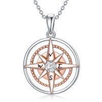 wholesale 925 Sterling Silver Metal Rose Gold Compass Pendant Necklace with Cubic Zirconia Accent Inspiring s for Her- Rhodium And Rose Gold Plated