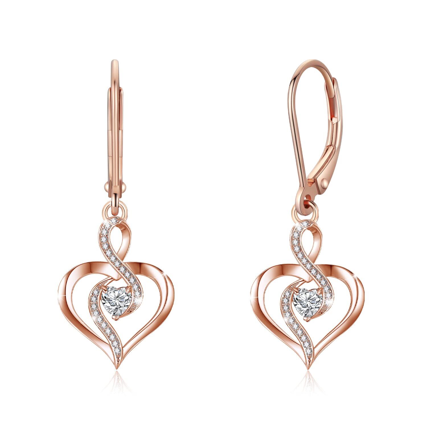 Sterling Silver Heart Drop Earrings - Rose Gold Plated- Rose Gold Plated