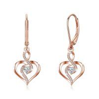 wholesale Rose Gold Plated 925 Sterling Silver Double Heart Dangle Earrings with Cubic Zirconia for Women- Rose Gold Plated