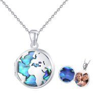 wholesale 925 Sterling Silver Photo Round World Travel Map Locket Pendant Necklace with Abalone Shell Inlay for Women- Sliver Plated