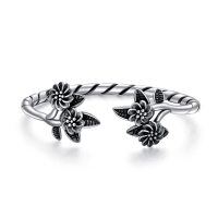 wholesale 925 Sterling Silver Floral Open Cuff Bracelet for Women - Vintage Style Jewelry- Oxidized/Oxidised