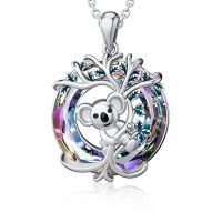 wholesale 925 Sterling Silver Koala Tree of Life Rainbow Crystal Pendant Necklace for Women- Rhodium Plated