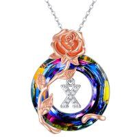 wholesale 925 Sterling Silver Rainbow Rose X Initial Charm Necklace for Women Mothers Day Gifts- Two Tone