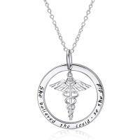 wholesale 925 Sterling Silver Caduceus Symbol Pendant Necklace with Inspirational Quote She Believed She Could So She Did Medical s for Nurses Doctors- Silver Plated