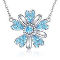 wholesale 925 Sterling Silver Blue Crystal Flower Heart Pendant Necklace for Women Girls Gifts- Silver Plated