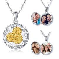 wholesale 925 Sterling Silver Photo Locket with Gold Daisy Flower and Family Picture Pendants Necklaces for Women Girls Gifts- Two Tone