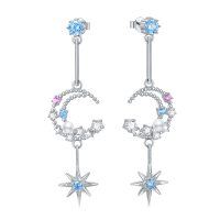wholesale 925 Sterling Silver Moon & Star CZ Pearl Drop Earrings for Women and Teenage Girls- Silver Plated