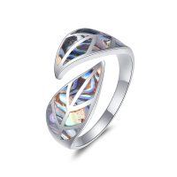 wholesale 925 Sterling Silver Leaf Design Abalone Shell Inlay Open Adjustable Ring for Women and Men- Silver Plated