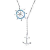 wholesale 925 Sterling Silver Anchor & Ship Wheel Lariat Y-Necklace with Blue Crystal Accents - Adjustable Length Nautical s for Women- Silver Plated