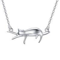 wholesale 925 Sterling Silver Sleeping Cat On Tree Branch Charm Necklace- Silver Plated