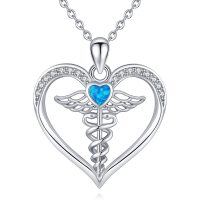 wholesale 925 Sterling Silver Blue Opal Caduceus Heart Pendant Nurse - Silver Plated