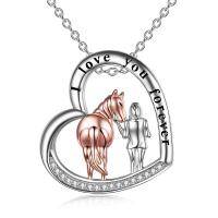 wholesale 925 Sterling Silver Heart Pendant with Rose Gold Horse & Girl Design - I Love You Forever Necklace for Women Gifts- Rhodium And Rose Gold Plated