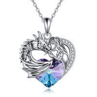 wholesale 925 Sterling Silver Heart-Shaped Purple and Blue Crystal Celtic Dragon Pendant Necklace for Women- Sliver Plated