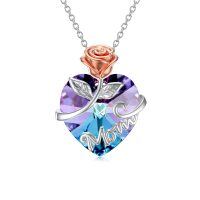 wholesale 925 Sterling Silver Metal Crystal Purple Heart Pendant with Rose Flower and Mom Engraving - Mother's Day Gifts for Women- Rhodium And Rose Gold Plated