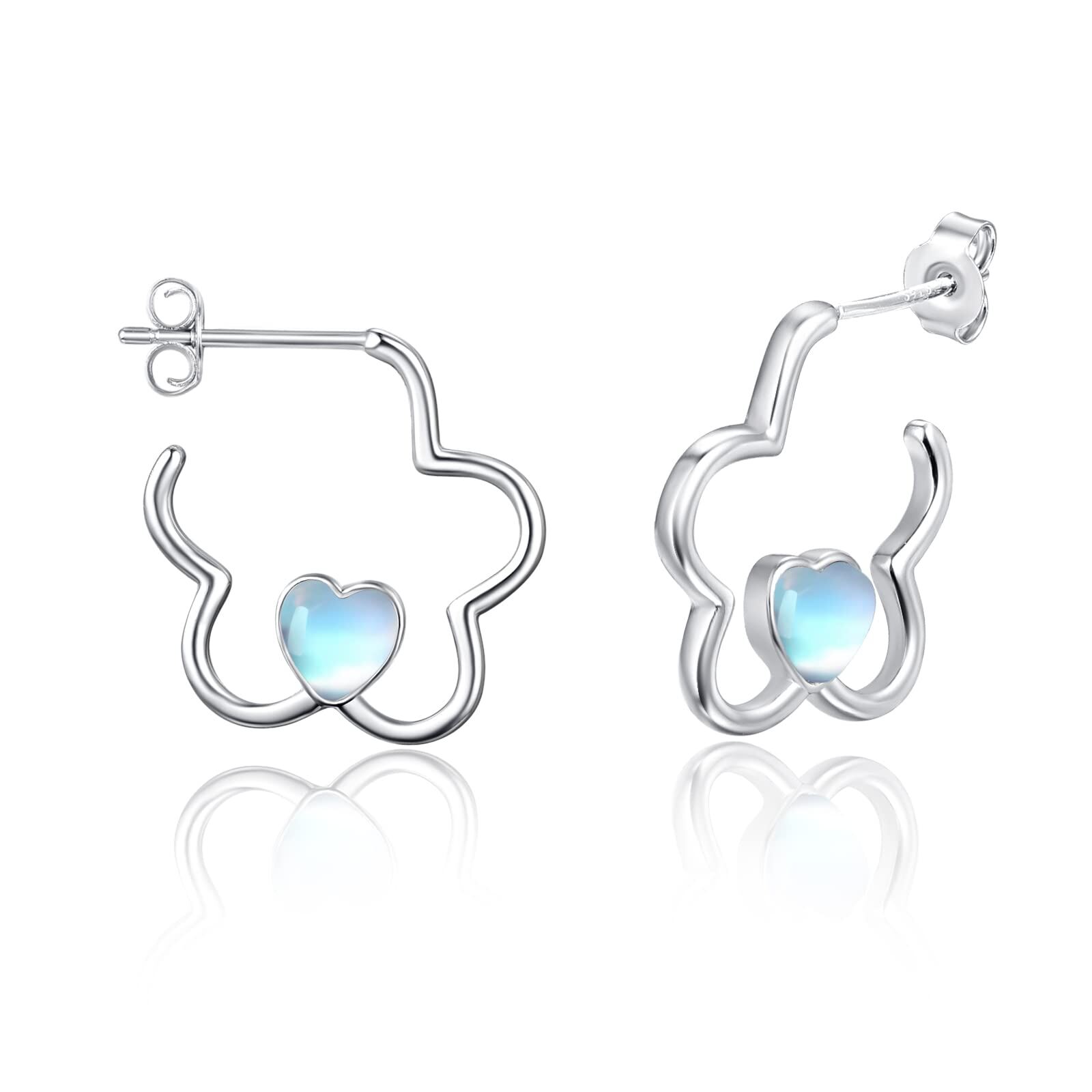 Sterling Silver Heart Flower Earrings - Rhodium Plated- Rhodium Plated