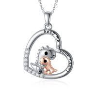 wholesale 925 Sterling Silver Heart-Shaped Mother-Daughter Dinosaur Pendant Necklace for Girls- rhodium