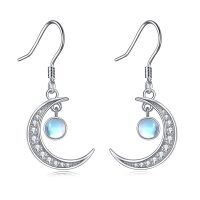 wholesale 925 Sterling Silver Crescent Moon Shape Rainbow Moonstone Dangle Earrings for Women- Rhodium Plated