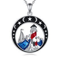 wholesale 925 Sterling Silver Nautical Lighthouse & Sailboat Pendant Necklace for Women- Oxidized/Oxidised