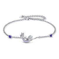 wholesale 925 Sterling Silver Purple Crystal Mermaid Bracelet for Women  6 - 8 Adjustable Chain Length- Rhodium Plated