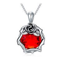 wholesale 925 Sterling Silver Red Crystal Heart-Shaped Rose Pendant Necklace for Women- Rhodium Plated