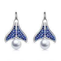 wholesale 925 Sterling Silver Blue Crystal Whale Tail Pearl Dangle Earrings for Women- Rhodium Plated